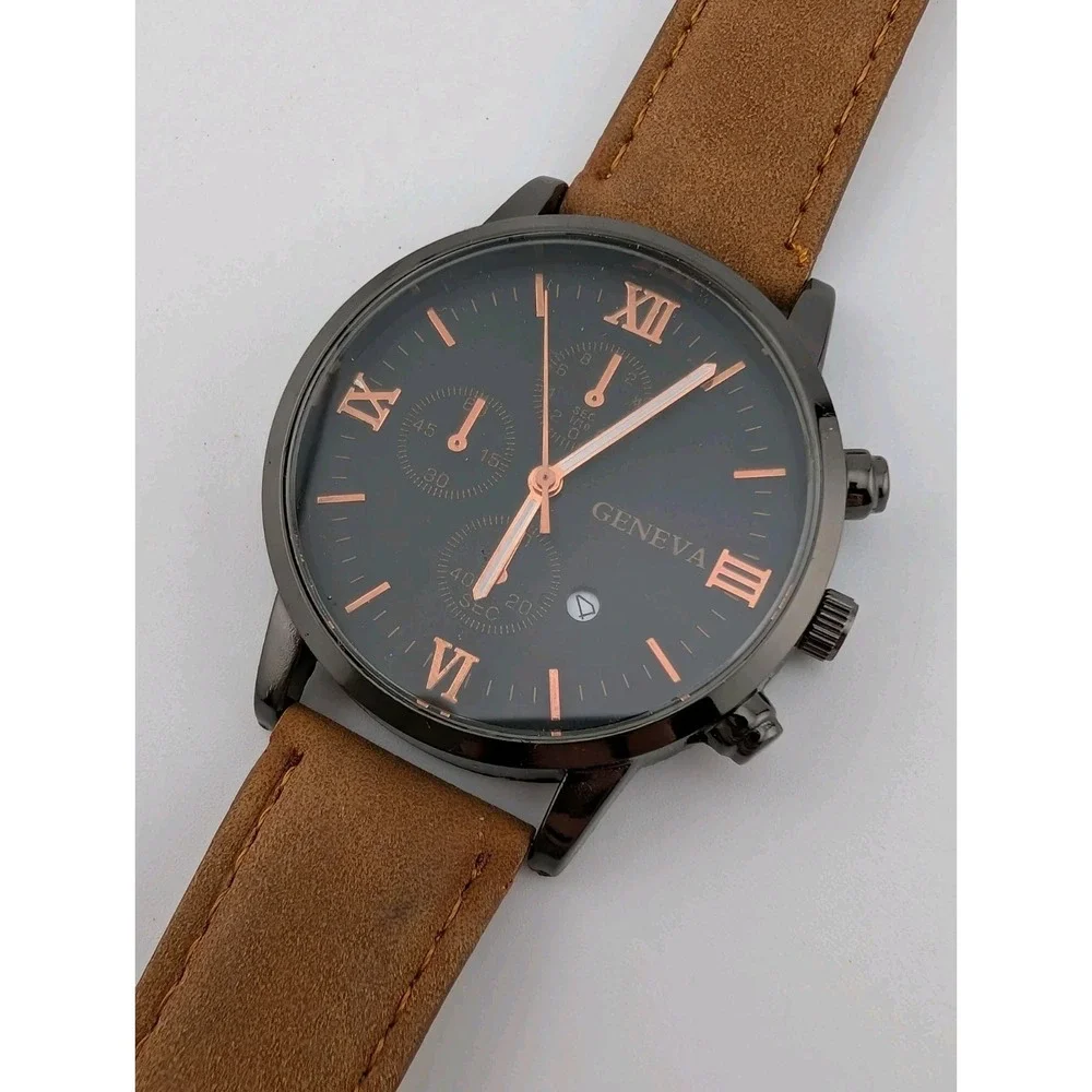 Geneva Men's Watch Black 41mm Case Brown Faux Leather Band- New Battery